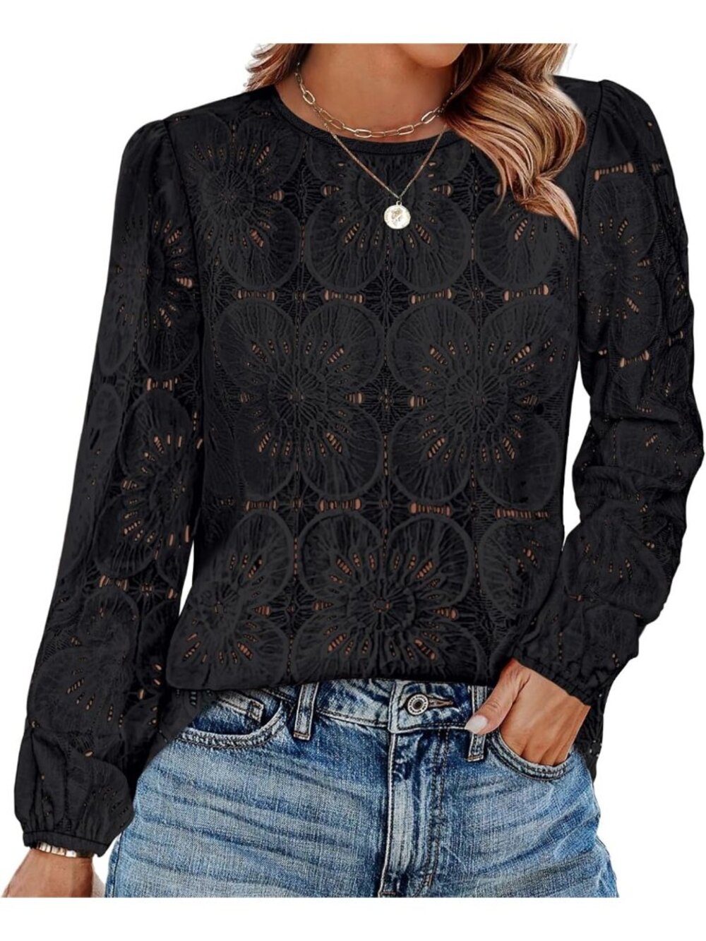 Dressy Casual Blouse for Women | Floral Lace Crochet Long Sleeve Top